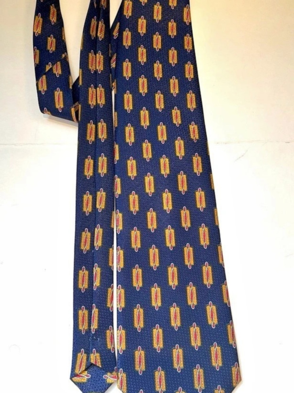 Vintage Dinghao Men's Geometric Silk-Style Tie in Blue & Yellow Like New